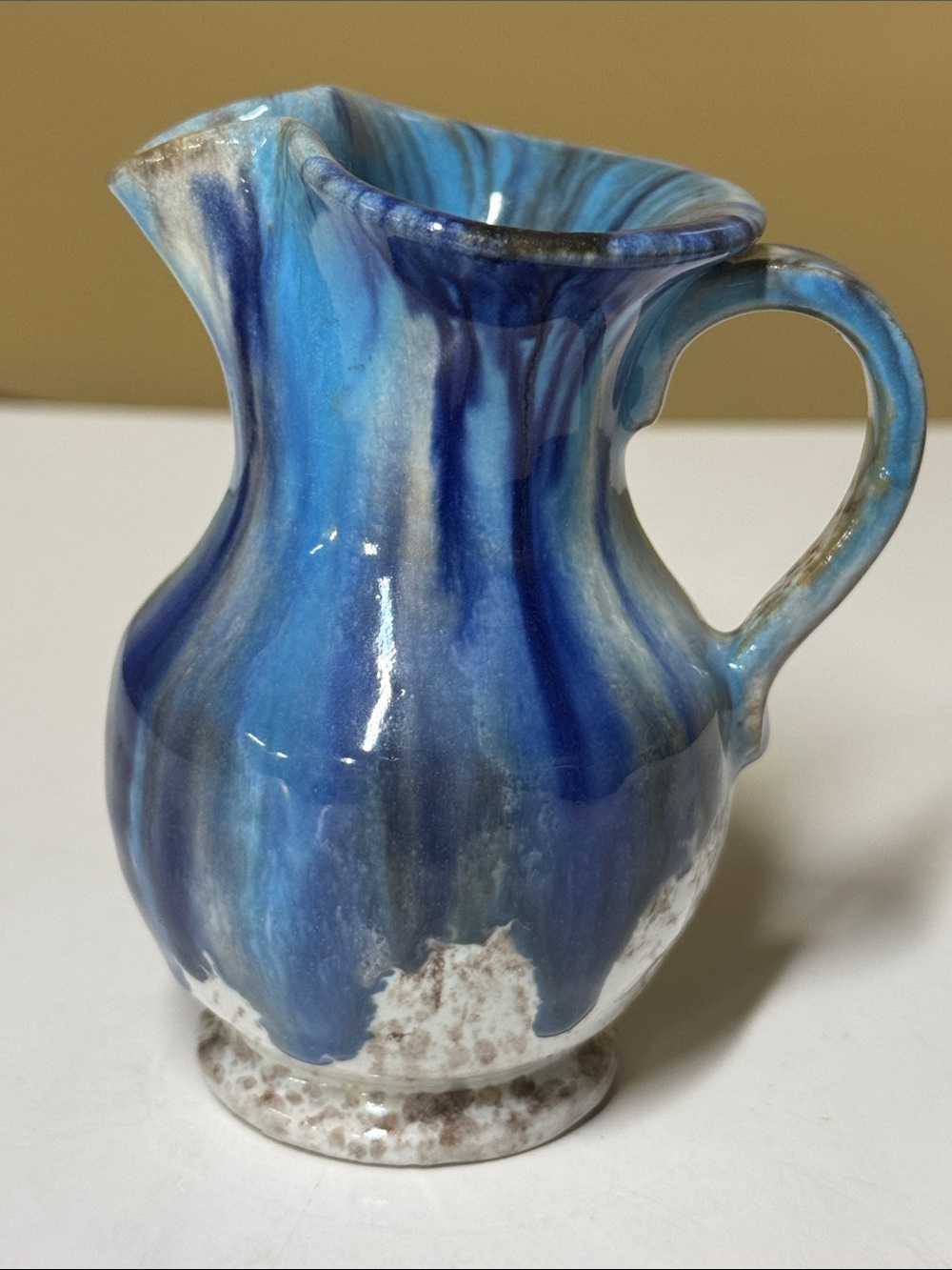 Italian Blue Drip Glaze Art Pottery Creamer Miniature Pitcher 4”